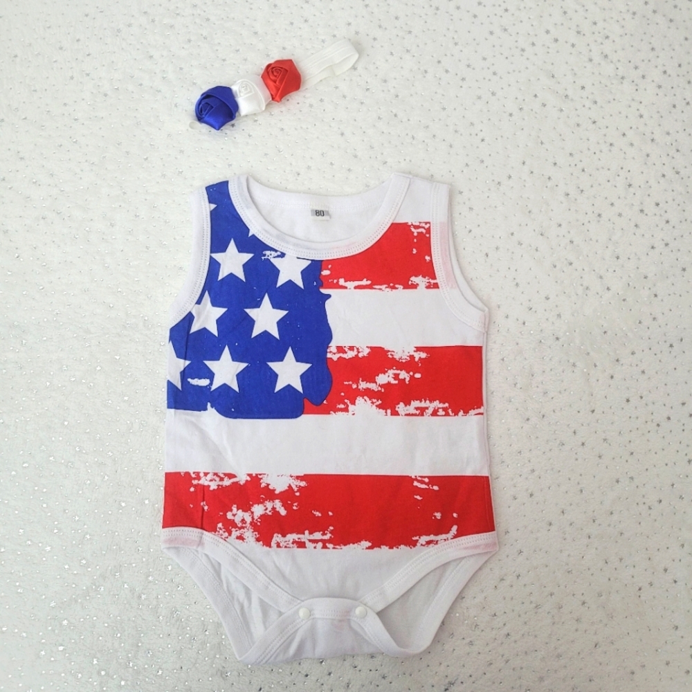Newborn  Baby Girl 4Th of July American Flag Jumpsuit, Romper With Headband Set.